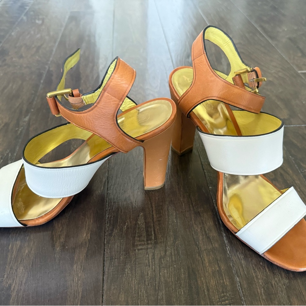 Coach Tan and White Heeled Sandals Size 10